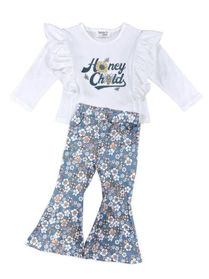 Honey Child Blue Retro Floral Girls Bell Bottom Outfit - Sydney So Sweet