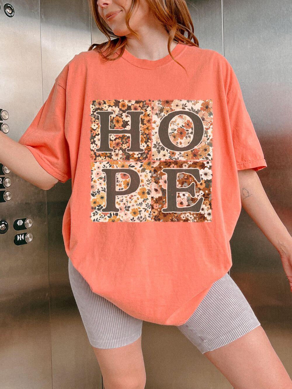 Hope Floral Patchwork Distressed T-Shirt Vintage Inspirational Tee