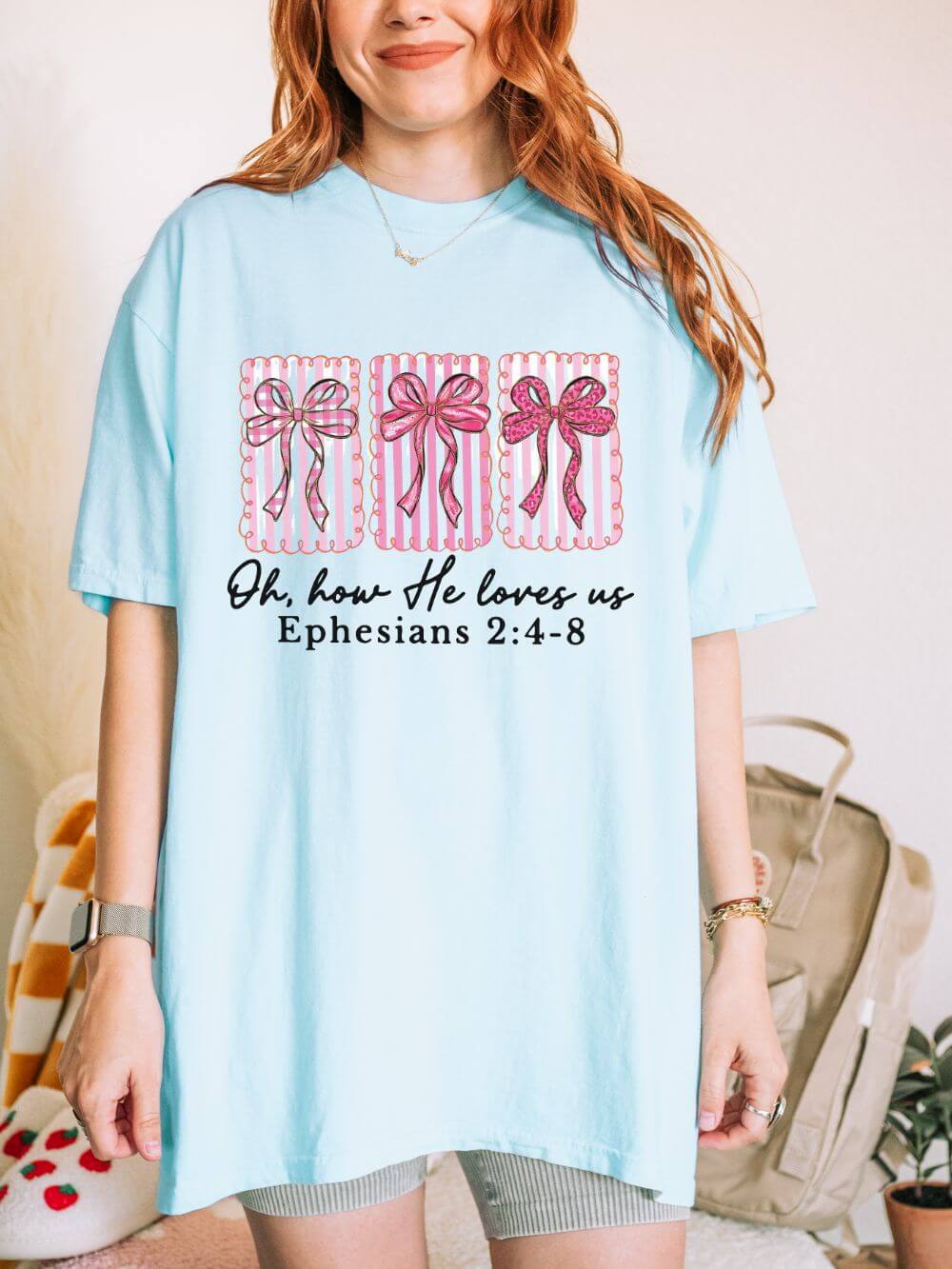 Oh How He Loves Us Ephesians 2: 4-8 Christian Valentine's Day Graphic T-Shirt Unisex Short Sleeve Tee