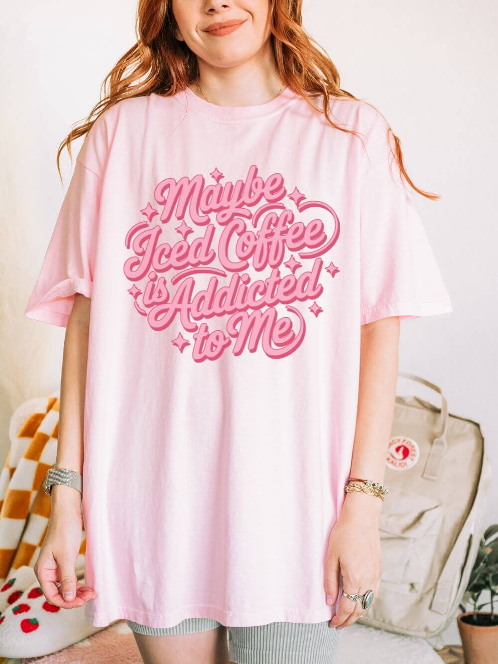 Maybe Iced Coffee Is Addicted to Me Retro Script T-Shirt Coffee Lover Tee