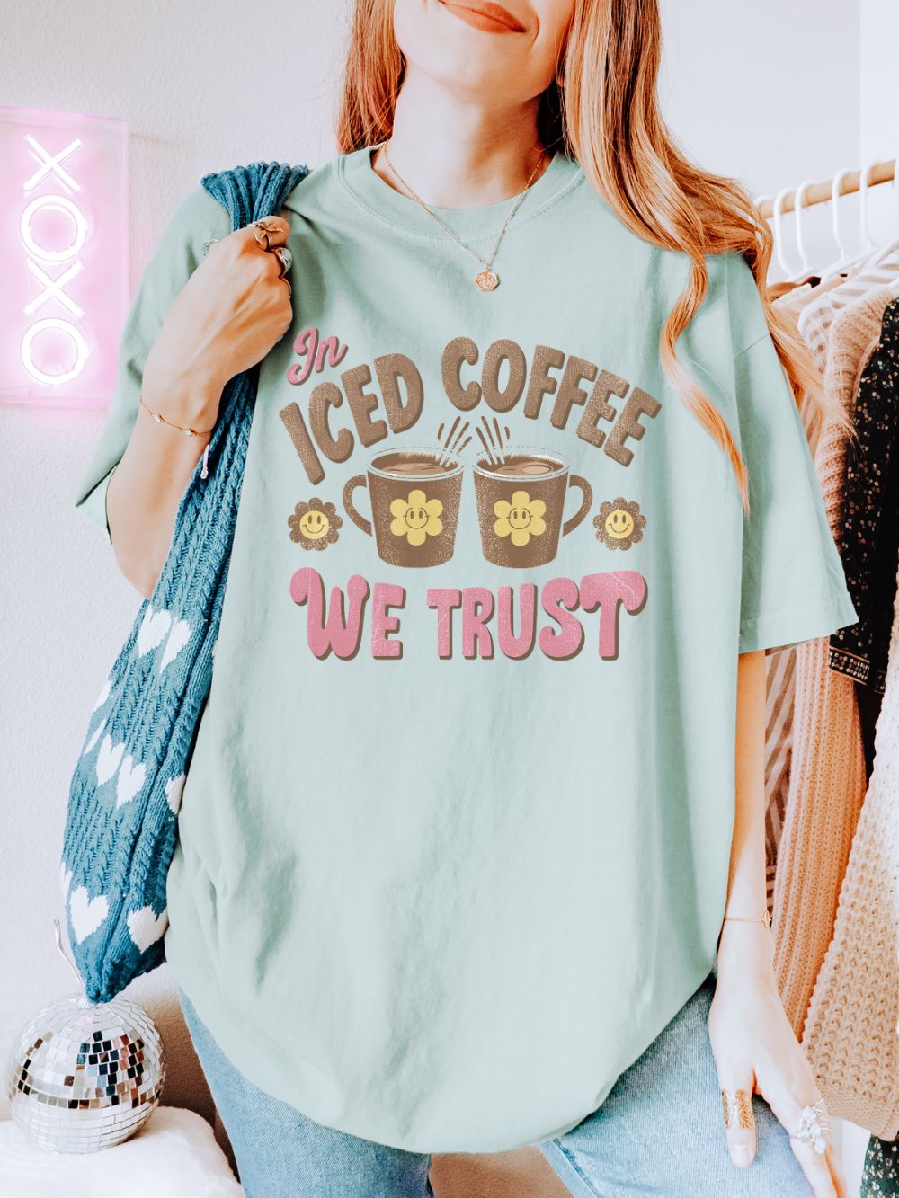 In Iced Coffee We Trust T-Shirt Vintage Distressed Coffee Lover Graphic Tee