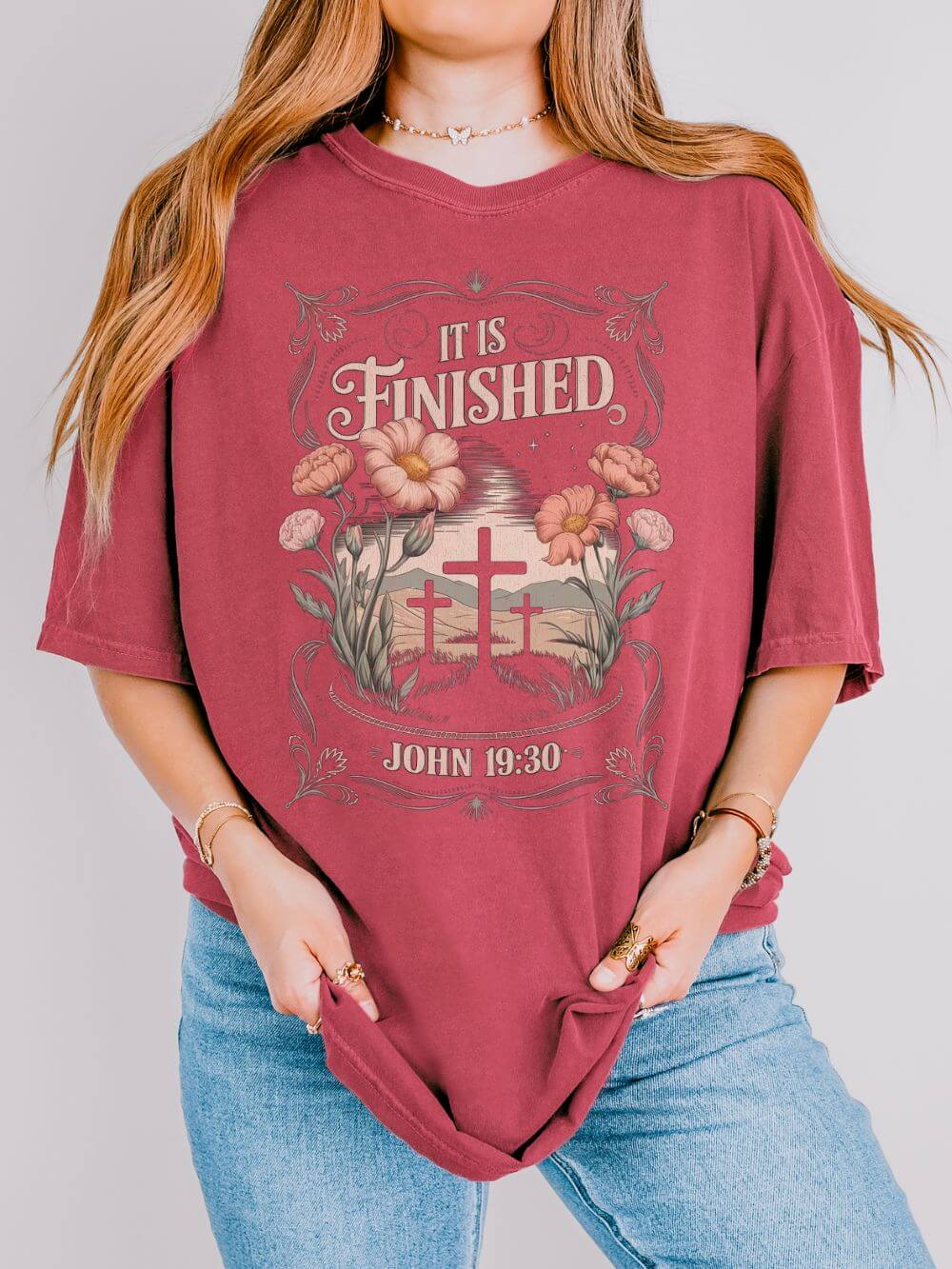 It Is Finished John 19:30 Christian Floral Cross T‑Shirt Unisex Distressed Tee