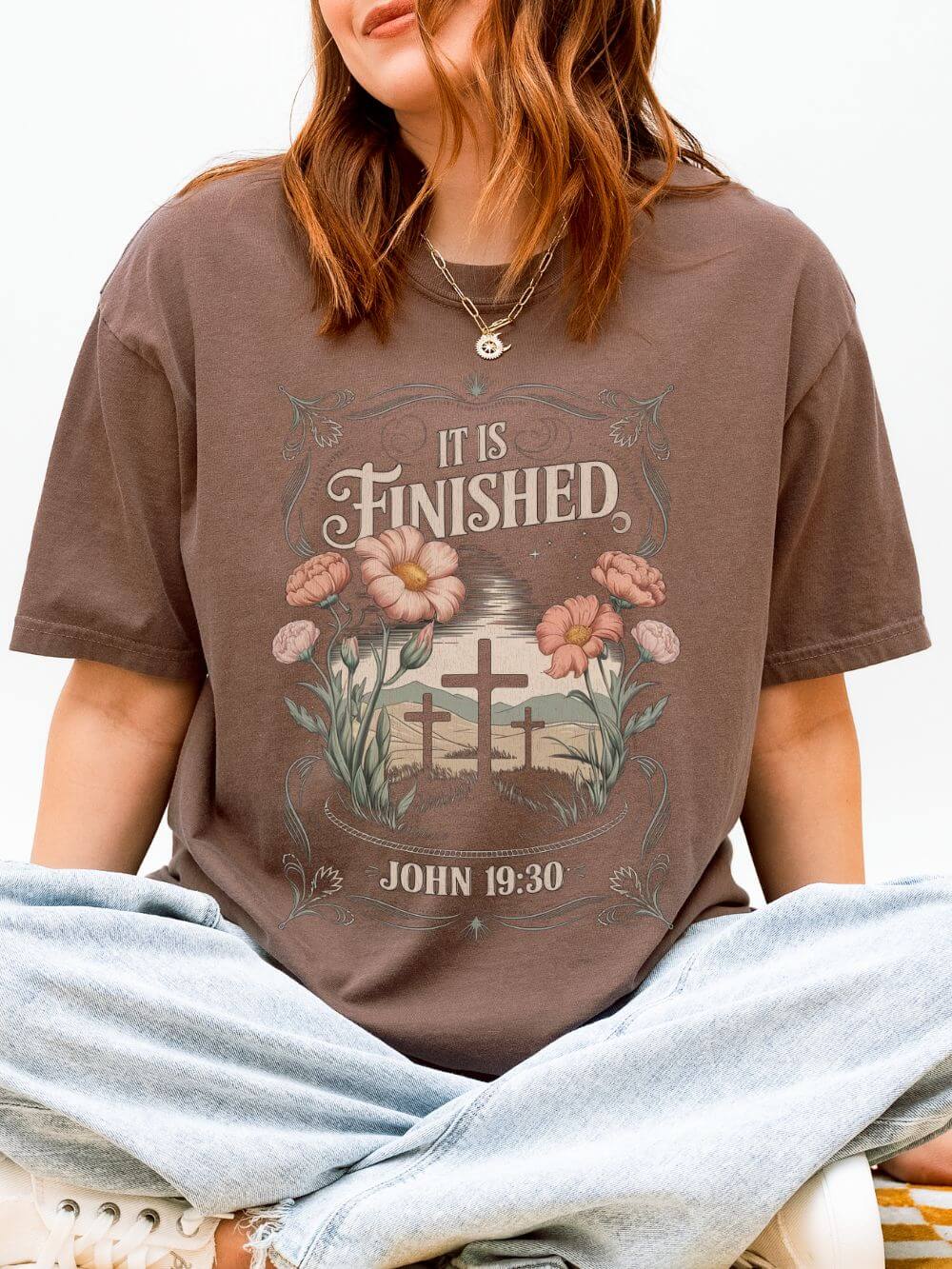 It Is Finished John 19:30 Christian Floral Cross T‑Shirt Unisex Distressed Tee