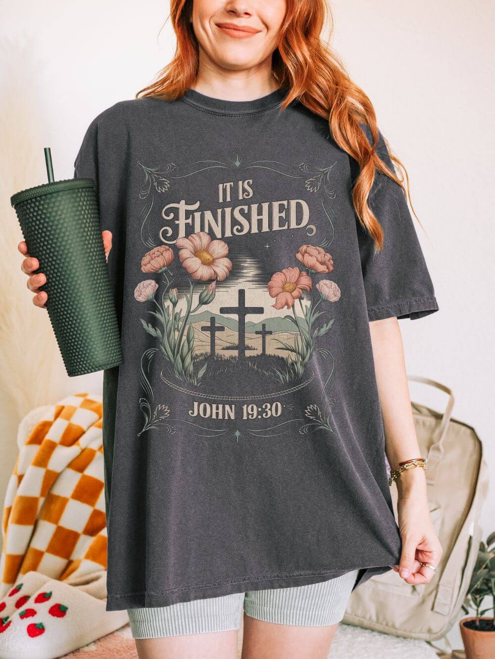 It Is Finished John 19:30 Christian Floral Cross T‑Shirt Unisex Distressed Tee