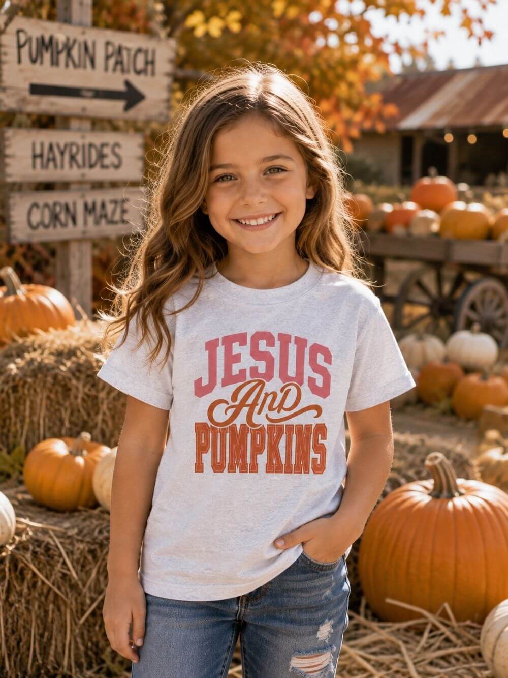 Jesus And Pumpkins Tee Fall Kids Christian Graphic T-Shirt