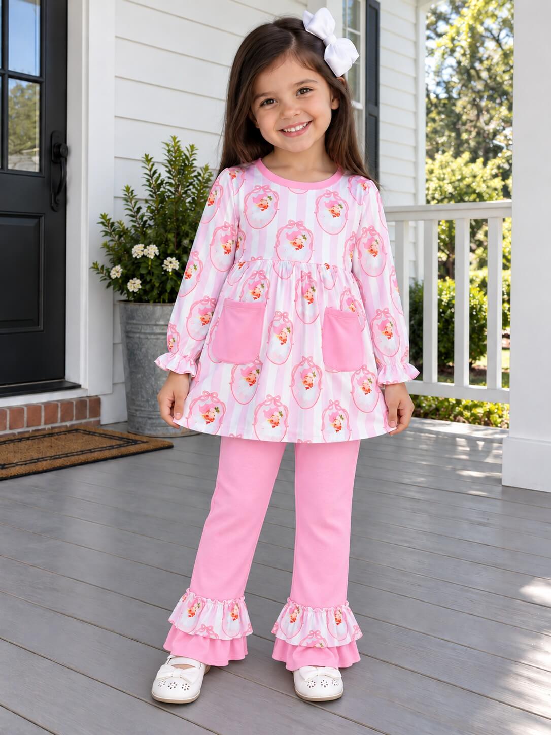 Jolly Pink Santa Girls Tunic Top & Ruffle Pants Outfit