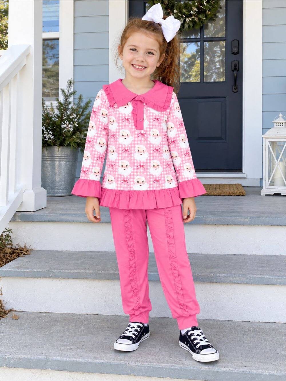 Jolly Santa Girls Christmas Pink Jogger Pants Outfit