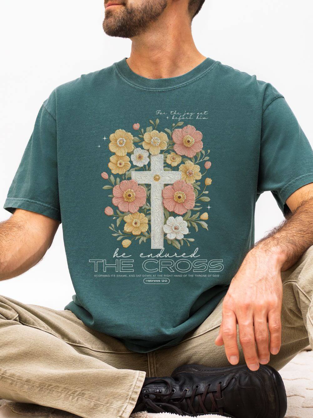 Joy Set Before Him Floral Cross T‑Shirt Christian Faith Graphic Tee