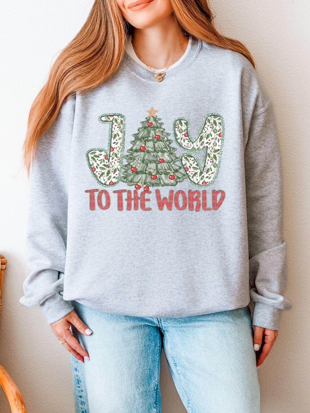 Joy to the World Heavy Blend Unisex Crewneck Cozy Christmas Tree Sweatshirt - Sydney So Sweet