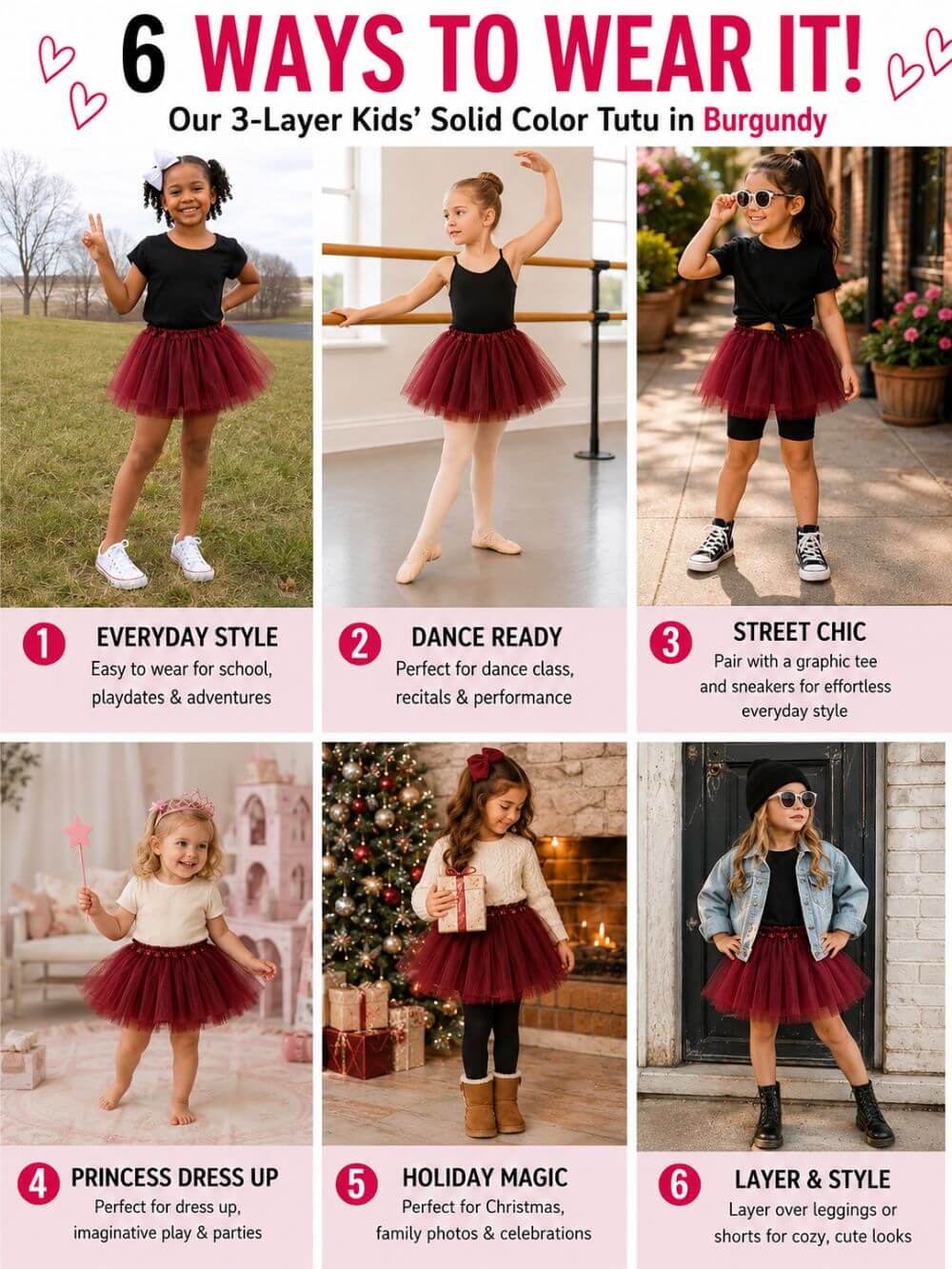 Burgundy Tutu Skirt for Girls – 3-Layer Tulle Ballet, Dance, and Dress-Up Costume Skirt