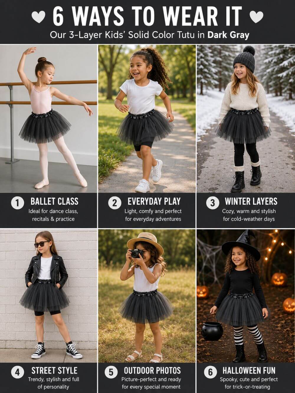 Dark Gray Tutu Skirt for Girls – 3-Layer Tulle Ballet, Dance, and Dress-Up Costume Skirt