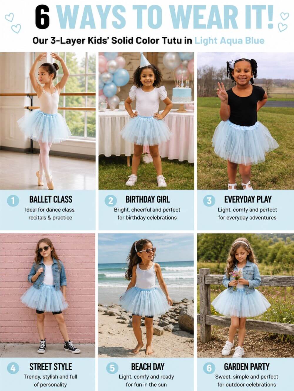 Light Aqua Blue Tutu Skirt for Girls – 3-Layer Tulle Ballet, Dance, and Dress-Up Costume Skirt