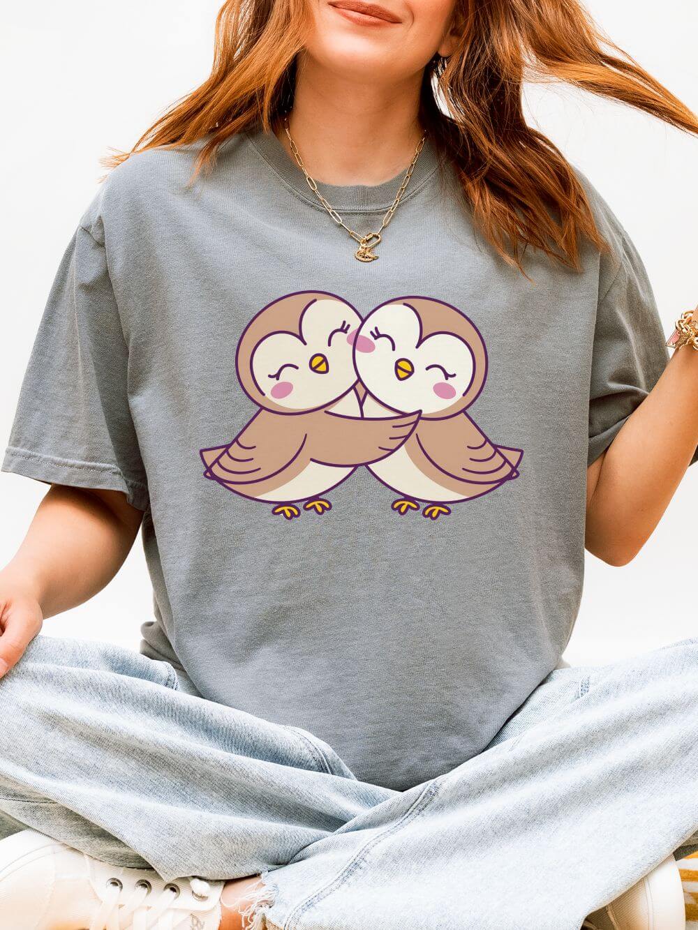 Cute Kissing Owls Graphic T-Shirt Unisex Short Sleeve Tee - Sydney So Sweet