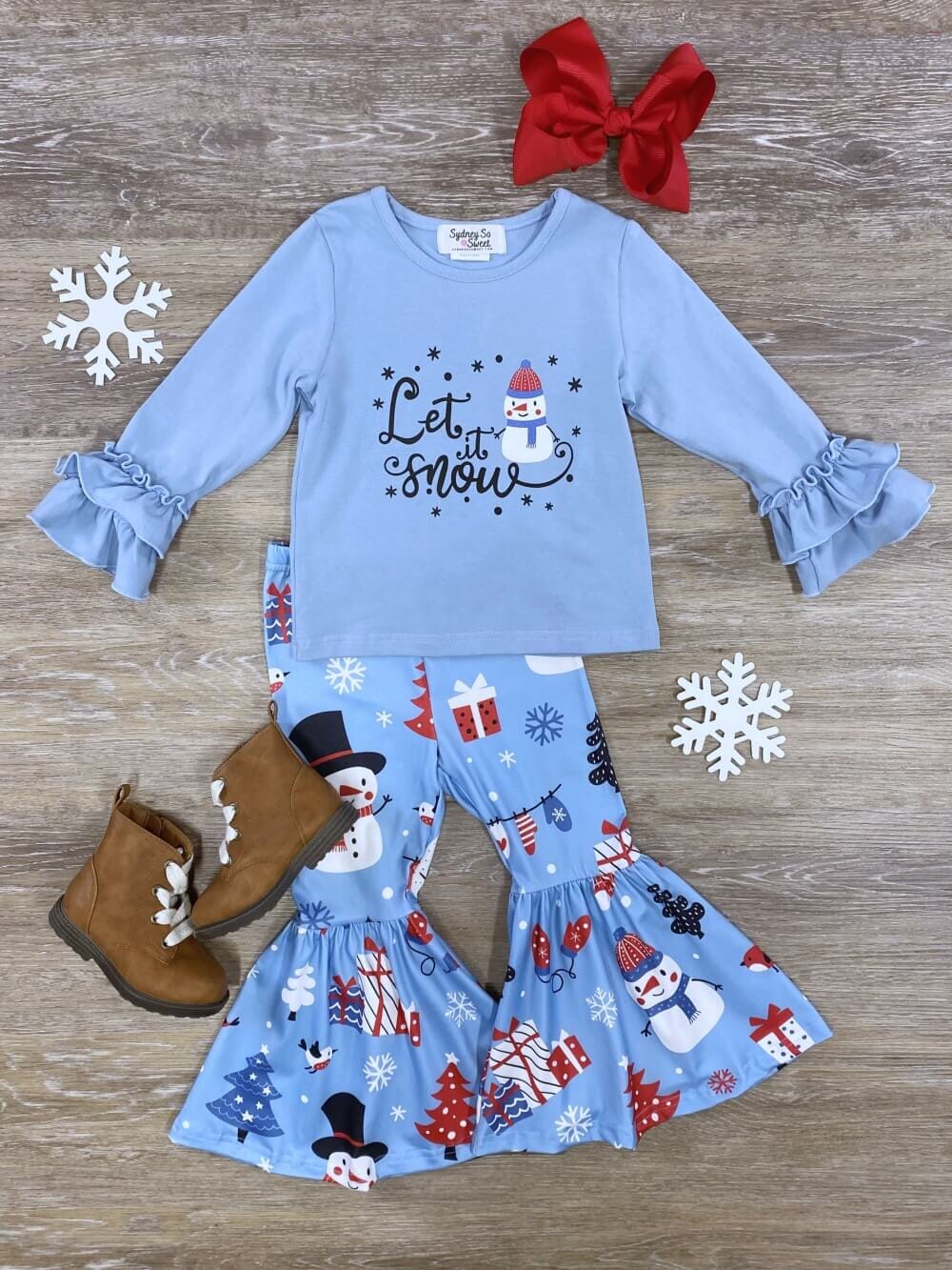 Let it Snow Blue Snowman Girls Bell Bottom Outfit - Sydney So Sweet