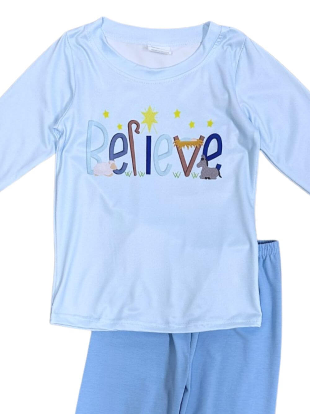Light Blue Believe Nativity Christmas Pajamas - Sydney So Sweet