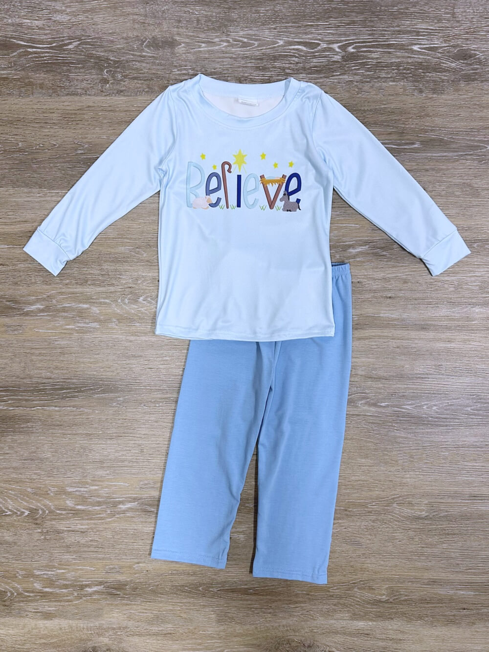 Light Blue Believe Nativity Christmas Pajamas - Sydney So Sweet