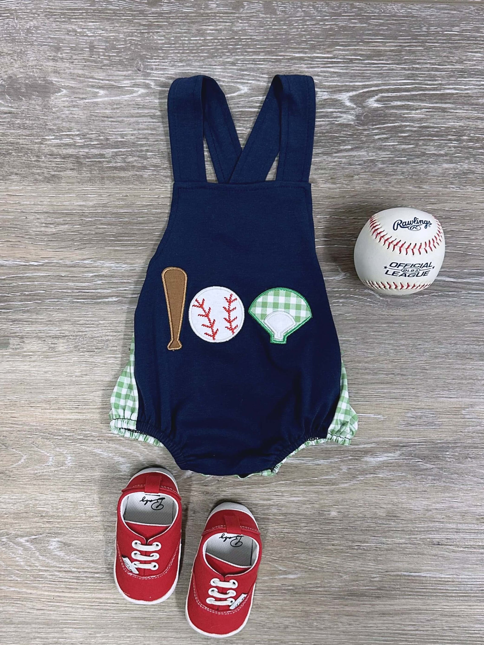 Lil’ Slugger Boys Navy & Green Baby Baseball Romper - Sydney So Sweet