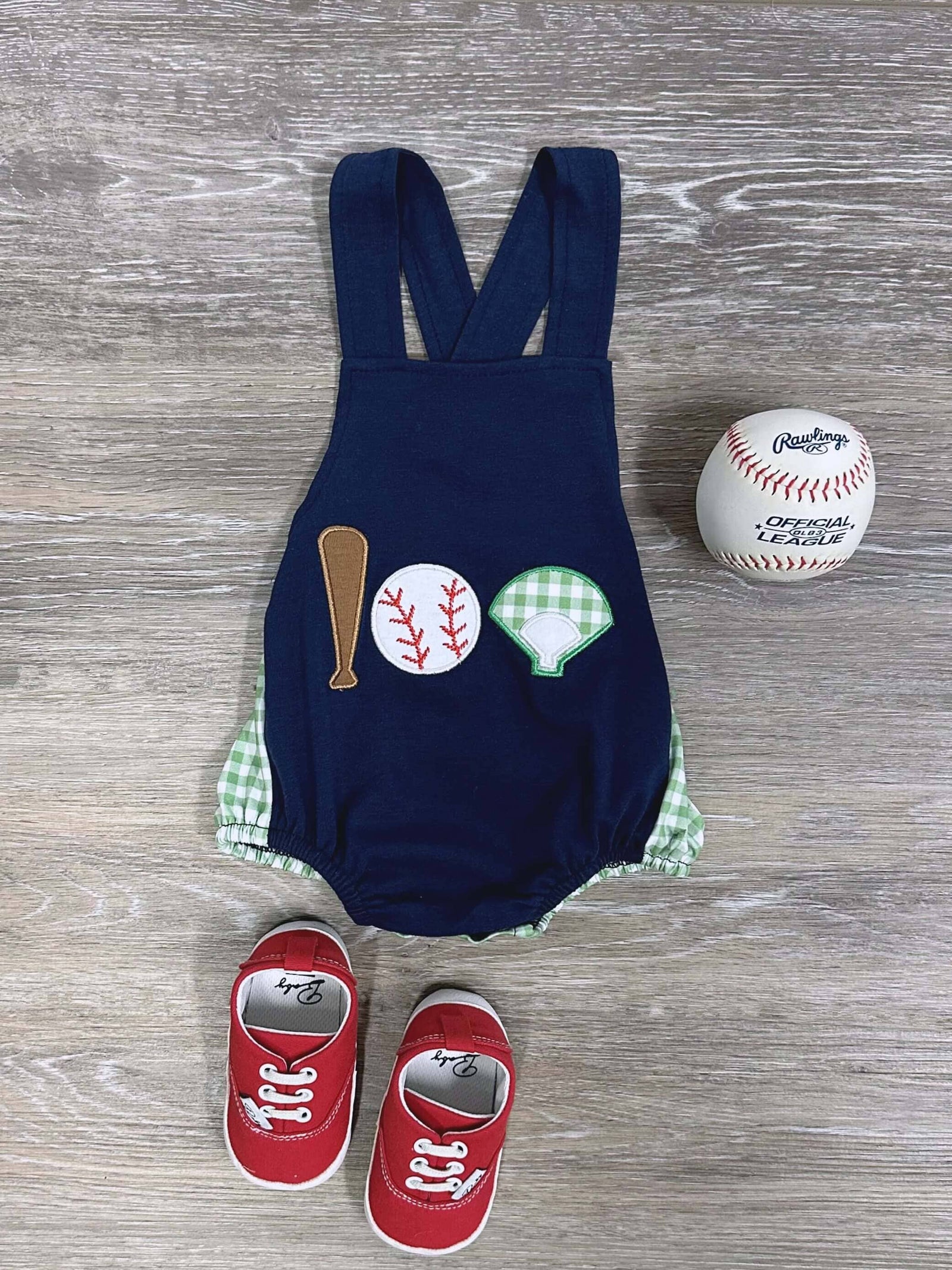 Lil’ Slugger Boys Navy & Green Baby Baseball Romper - Sydney So Sweet