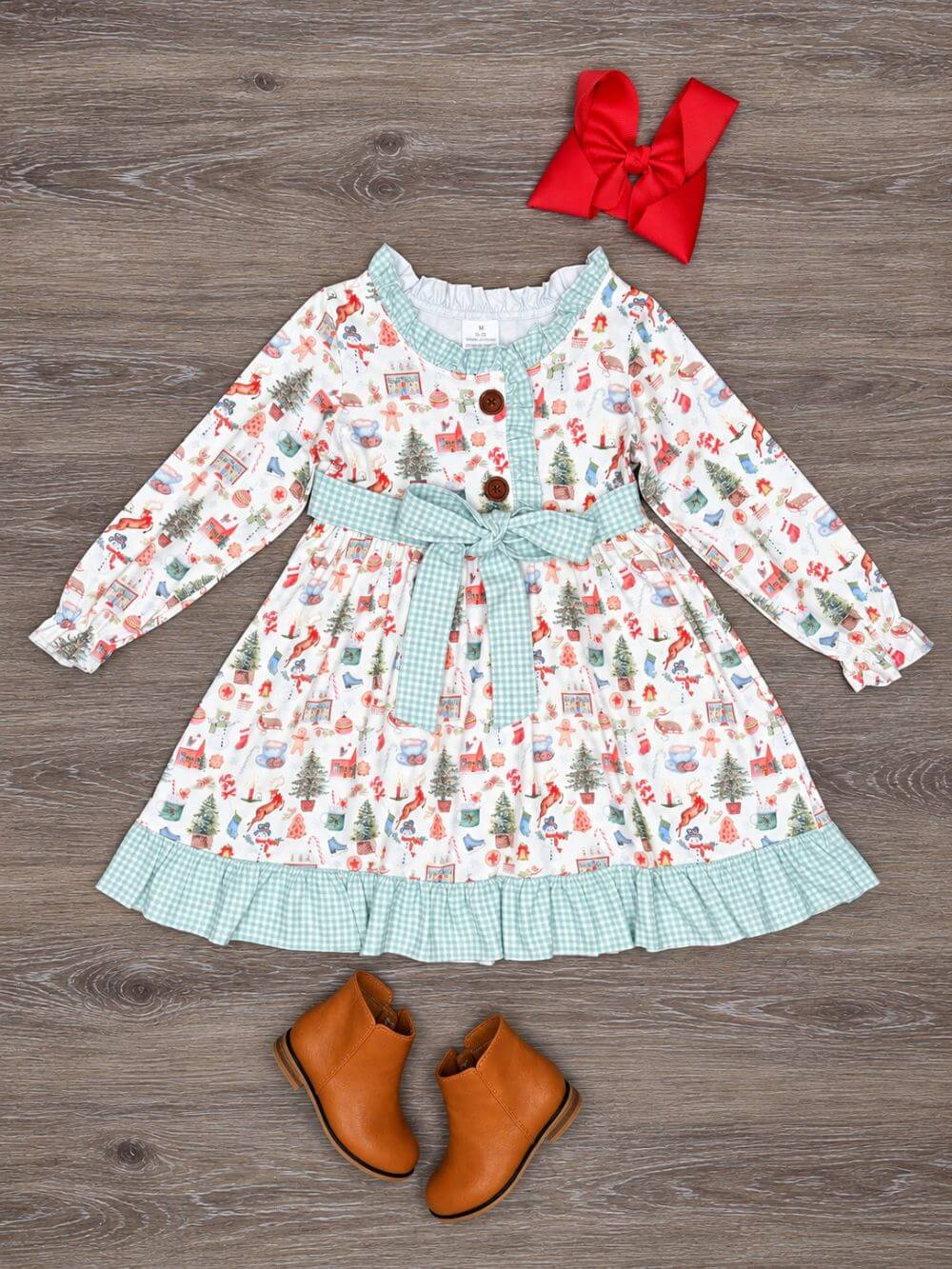 Little Christmas Things Gingham Ruffle Trim Girls Dress