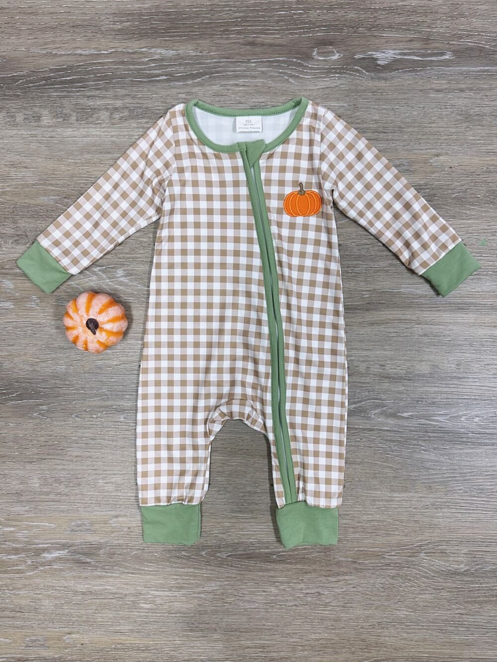 Little Pumpkin Plaid Boys Fall Romper - Sydney So Sweet