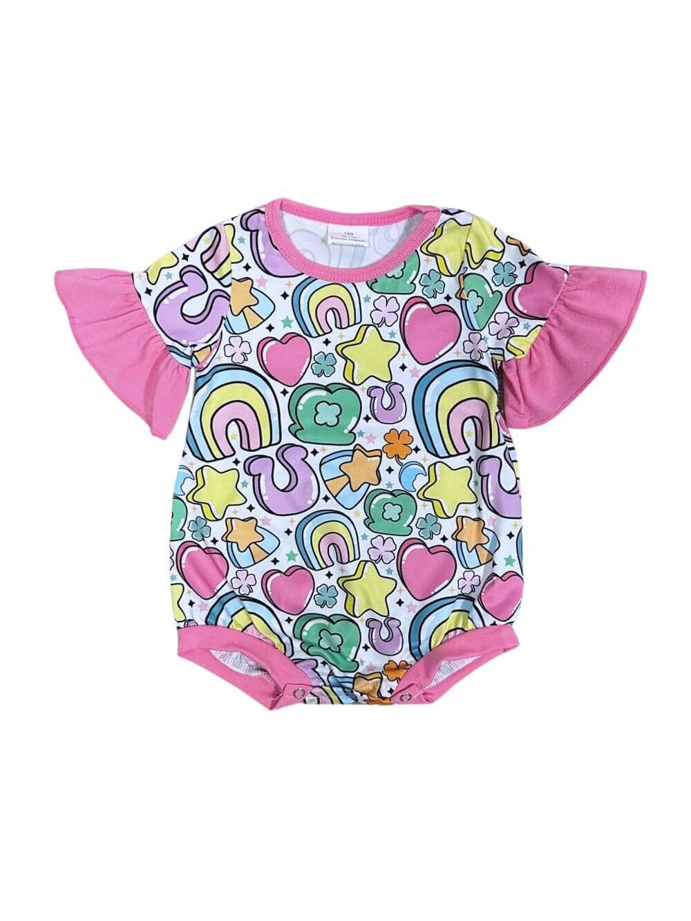 One of a Kind - Littlest Lucky Charm Pink Ruffle Girls Baby Bubble Romper Size 6-12 Months - Sydney So Sweet