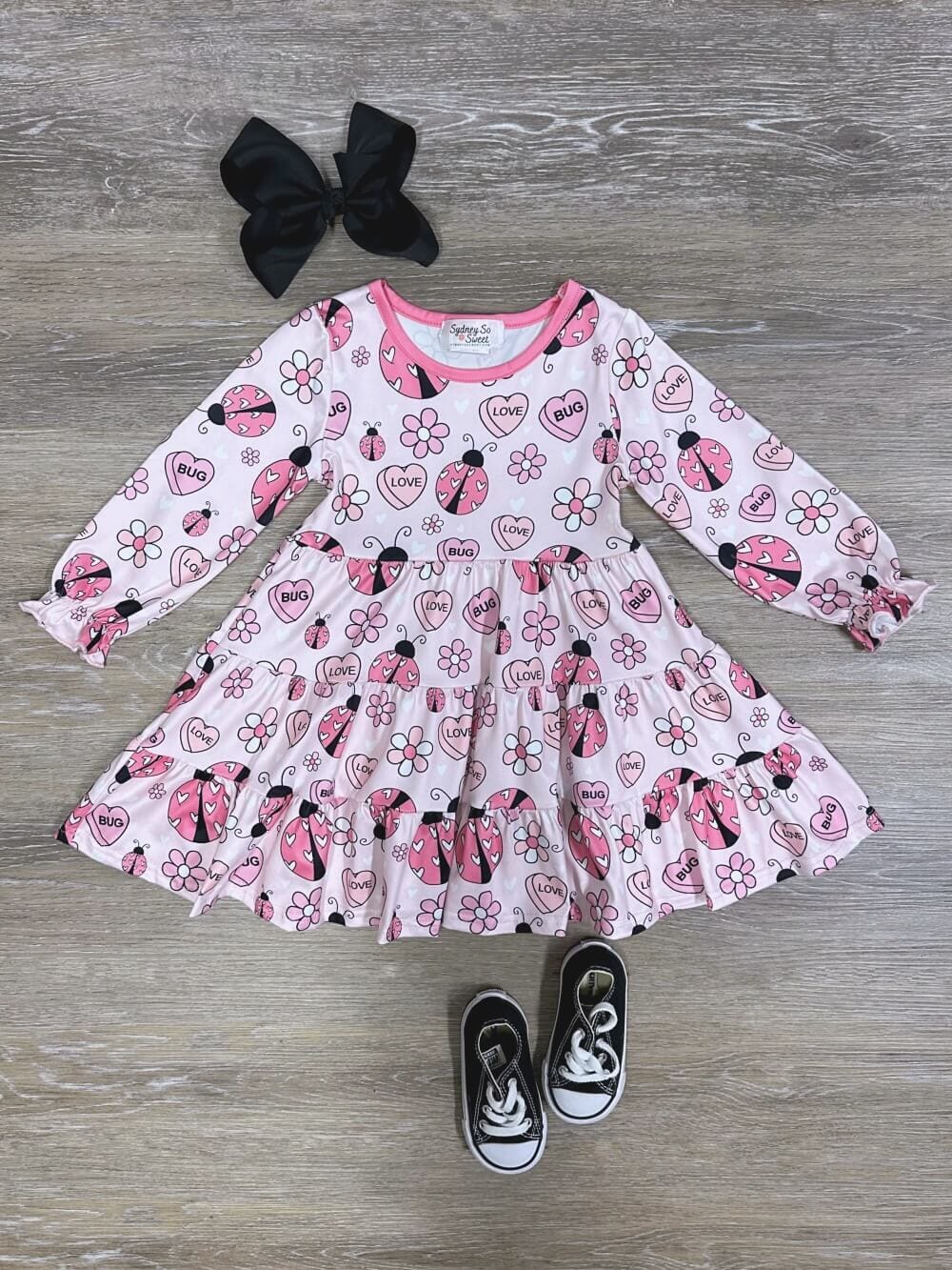 Love Bug Ladybug Pink Floral Ruffle Valentine's Day Girls Dress - Sydney So Sweet