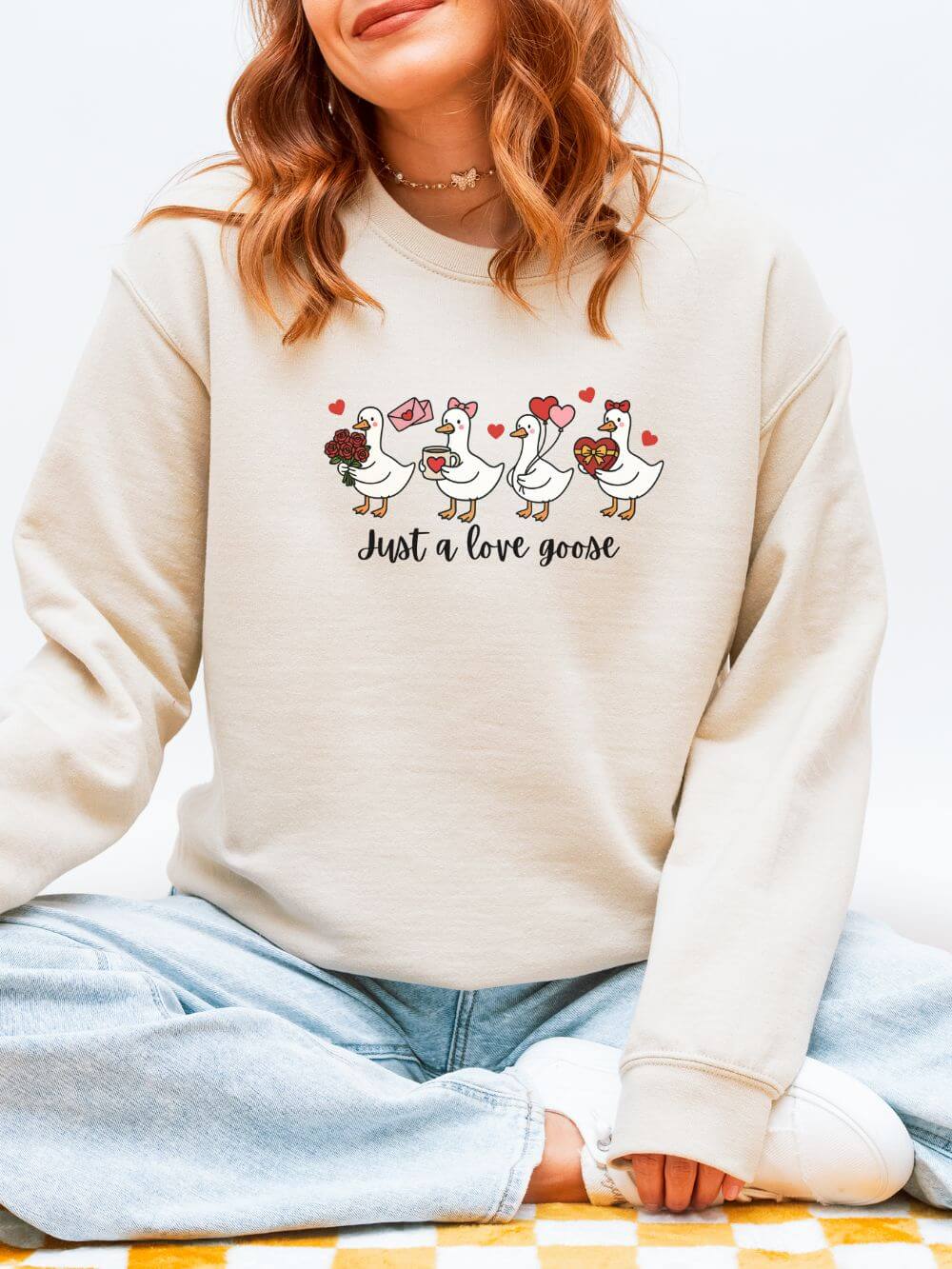 Just a Love Goose Valentine's Day Women's Heavy Blend Cozy Crewneck Embroidered Sweatshirt - Sydney So Sweet