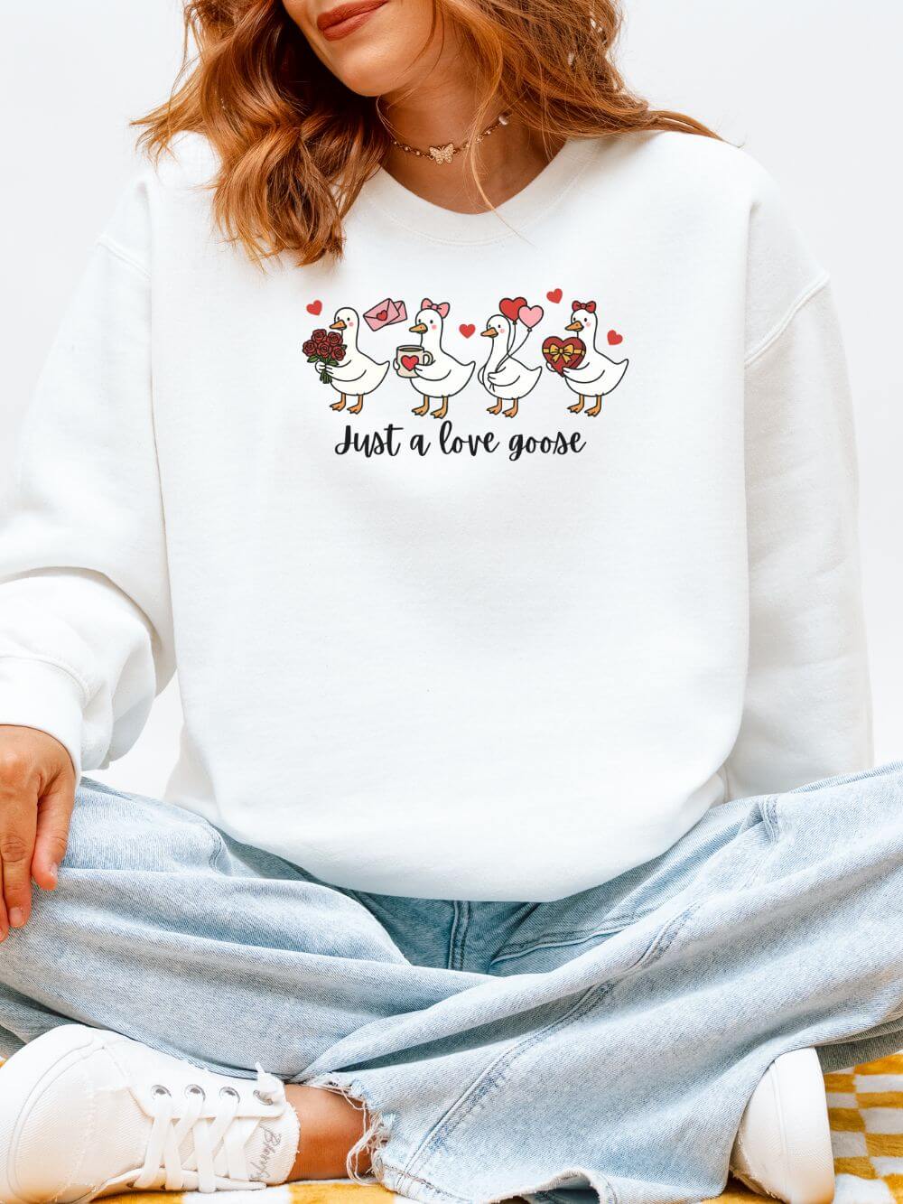 Just a Love Goose Valentine's Day Women's Heavy Blend Cozy Crewneck Embroidered Sweatshirt - Sydney So Sweet