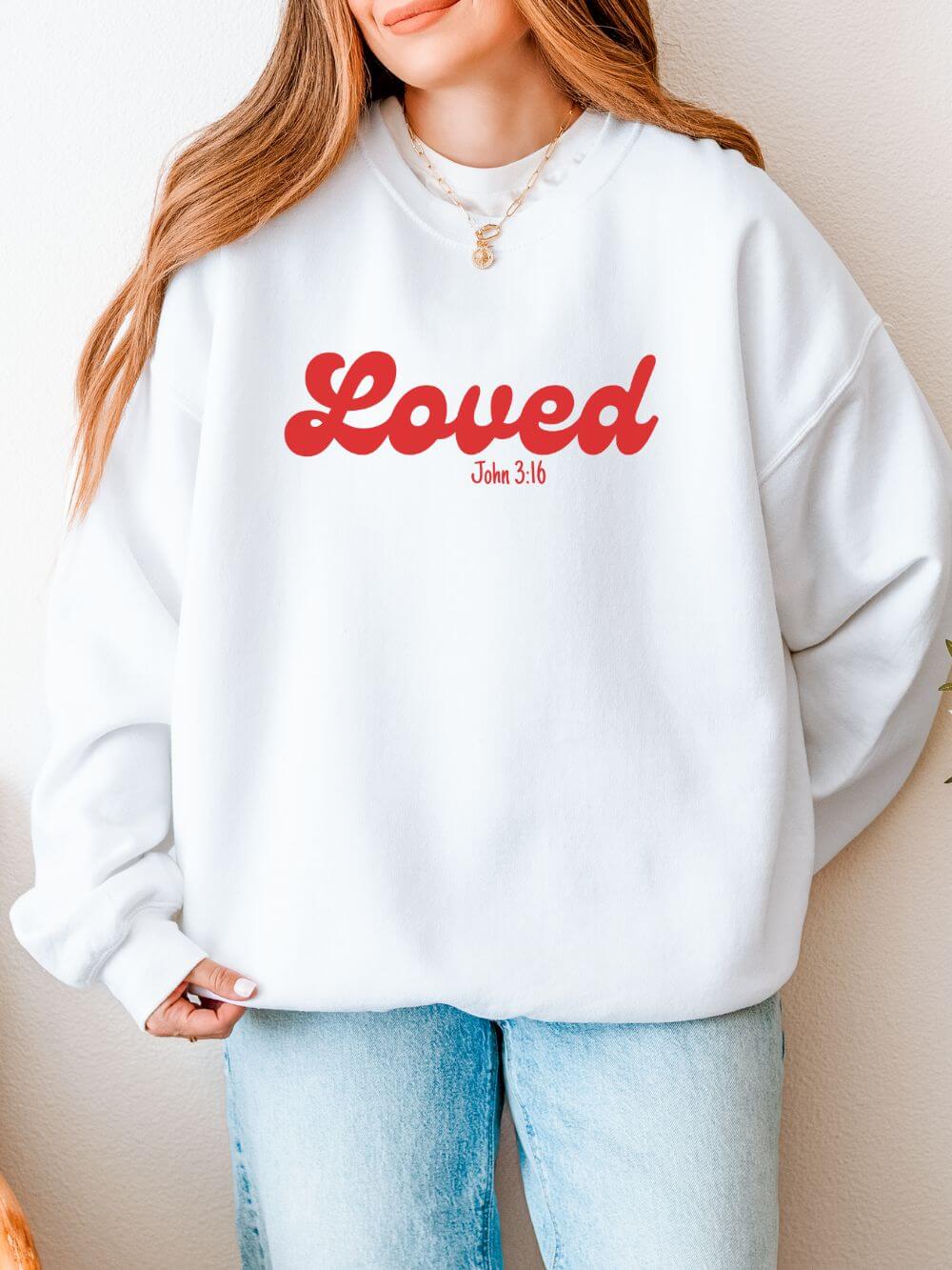 Loved John 3:16 Retro Script Christian Pullover Heavy Blend Women's Cozy Crewneck