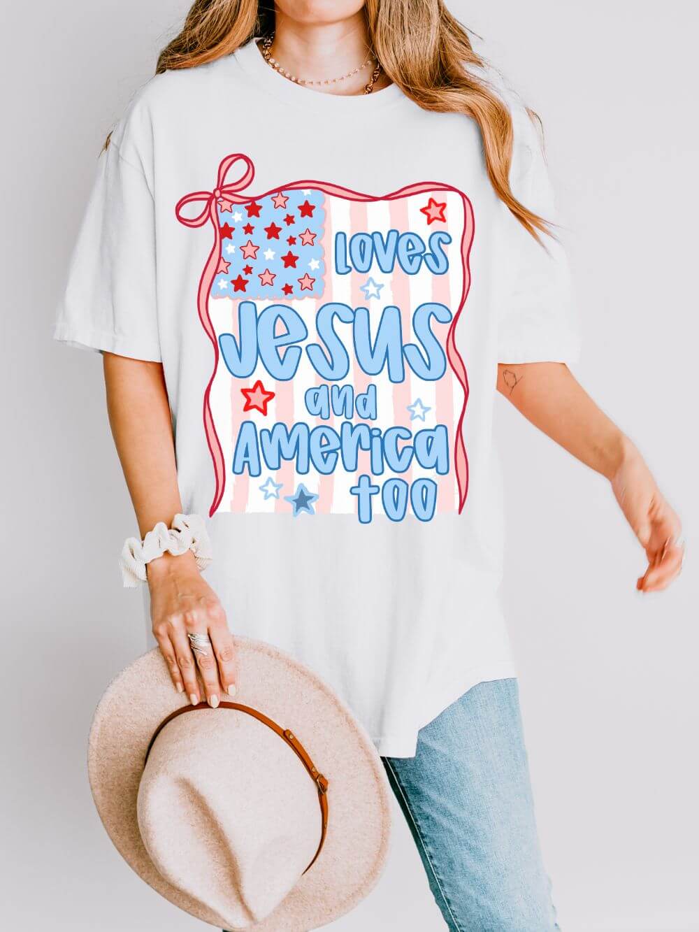 Loves Jesus and America Too T-Shirt Patriotic Christian Graphic Tee