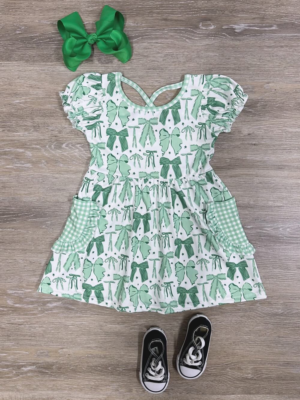 Lucky Charm Girls Green Bow Twirl Dress