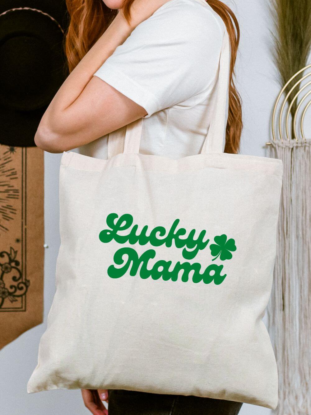 Lucky Mama Green Shamrock Cotton Canvas Tote Bag