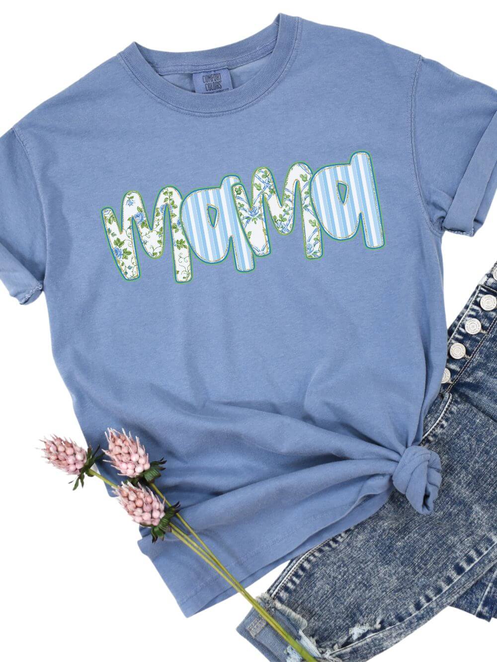 Preppy Blue Floral Mama Comfort Colors Mom Graphic T-Shirt - Sydney So Sweet