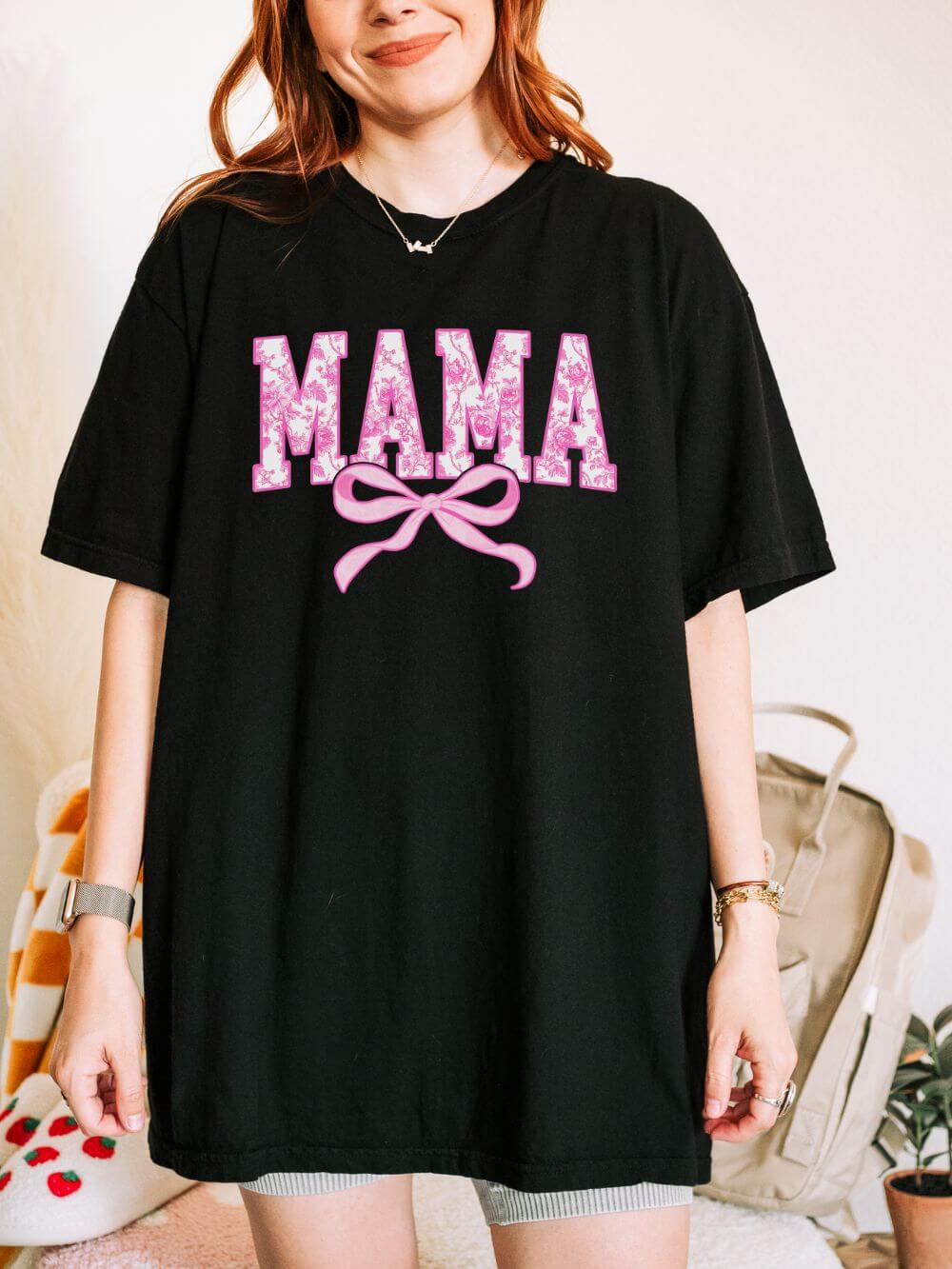 Mama Coquette Pink Toile Bow T-Shirt Cute Mom Graphic Tee