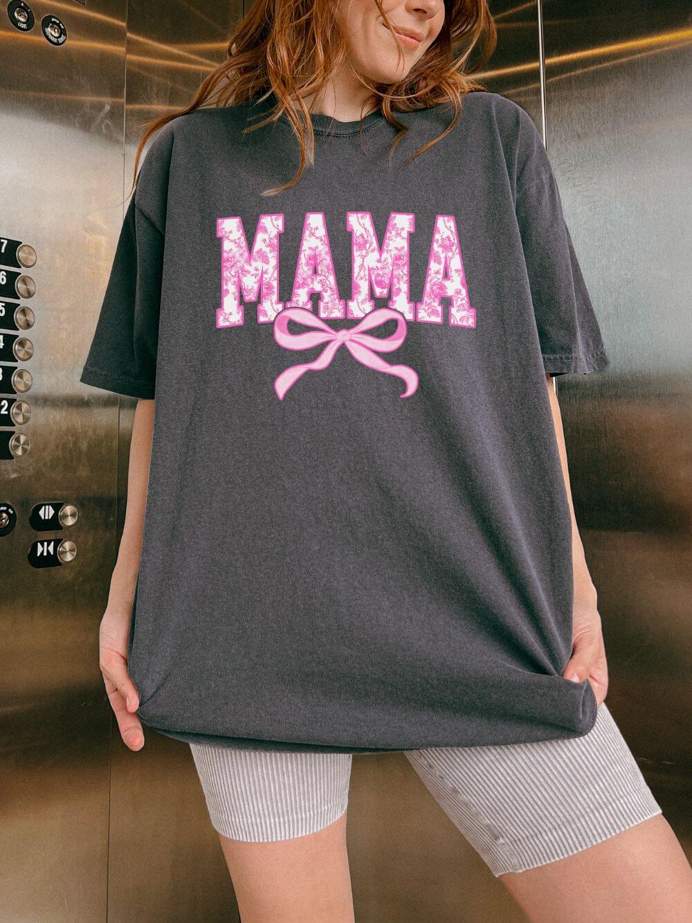 Mama Coquette Pink Toile Bow T-Shirt Cute Mom Graphic Tee