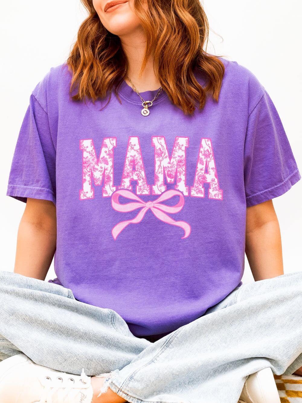Mama Coquette Pink Toile Bow T-Shirt Cute Mom Graphic Tee