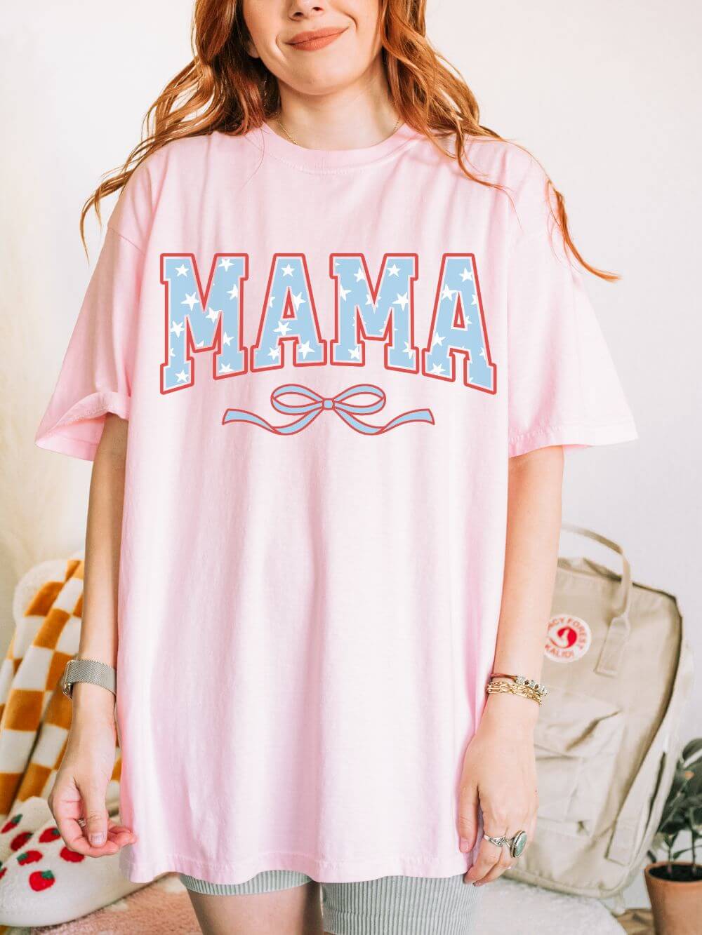 Mama 4th of July USA Coquette Varsity Blue Bow Patriotic T-shirt Preppy Star Tee