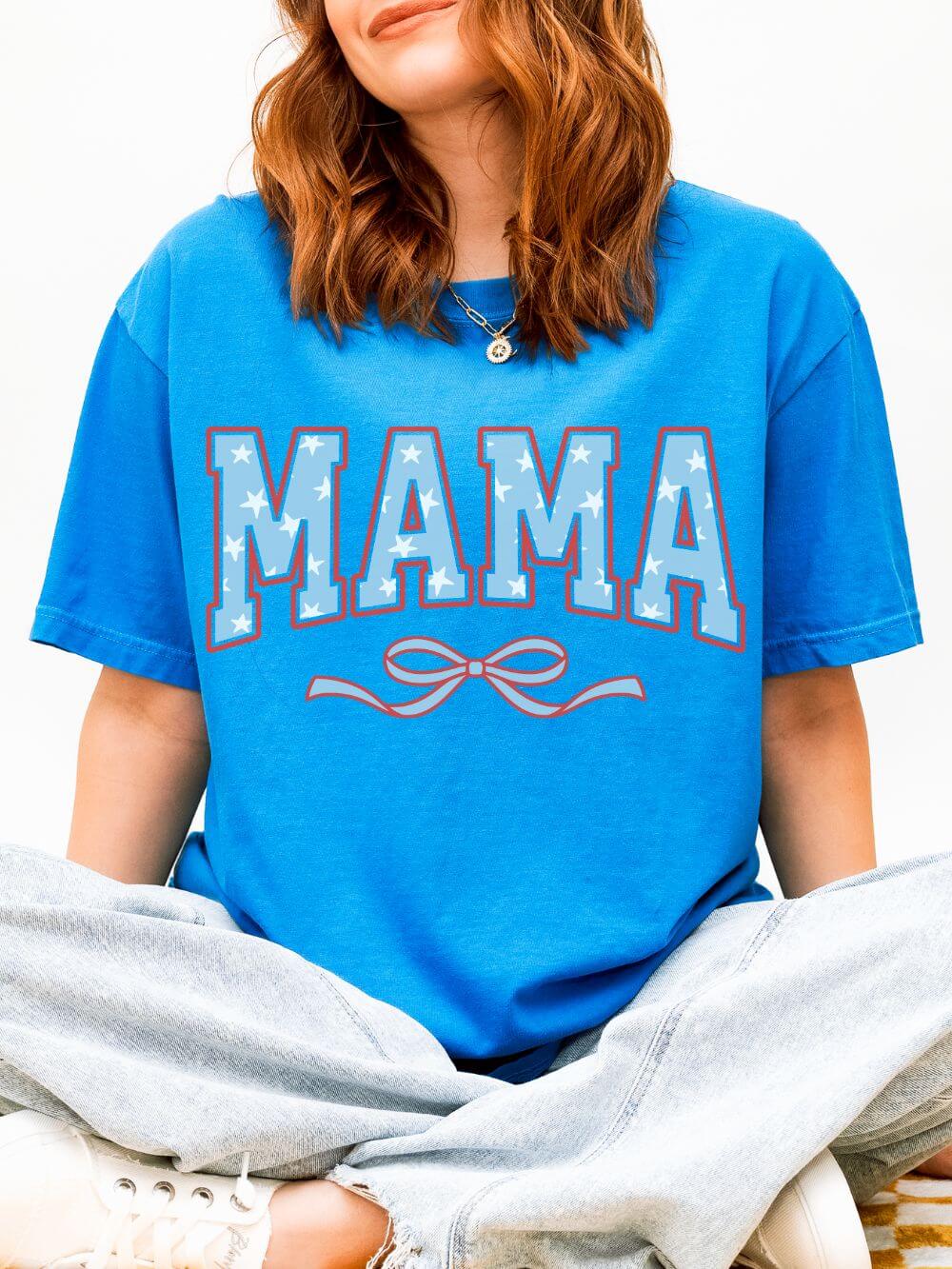 Mama 4th of July USA Coquette Varsity Blue Bow Patriotic T-shirt Preppy Star Tee