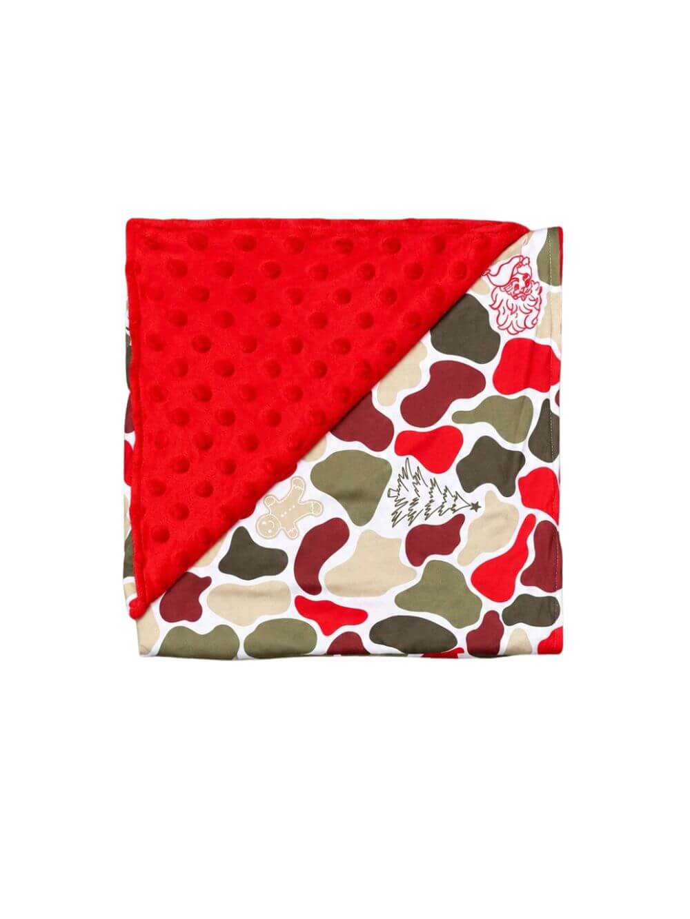 Christmas camouflage baby blanket with red minky dot backing folded on white background to show the reverse