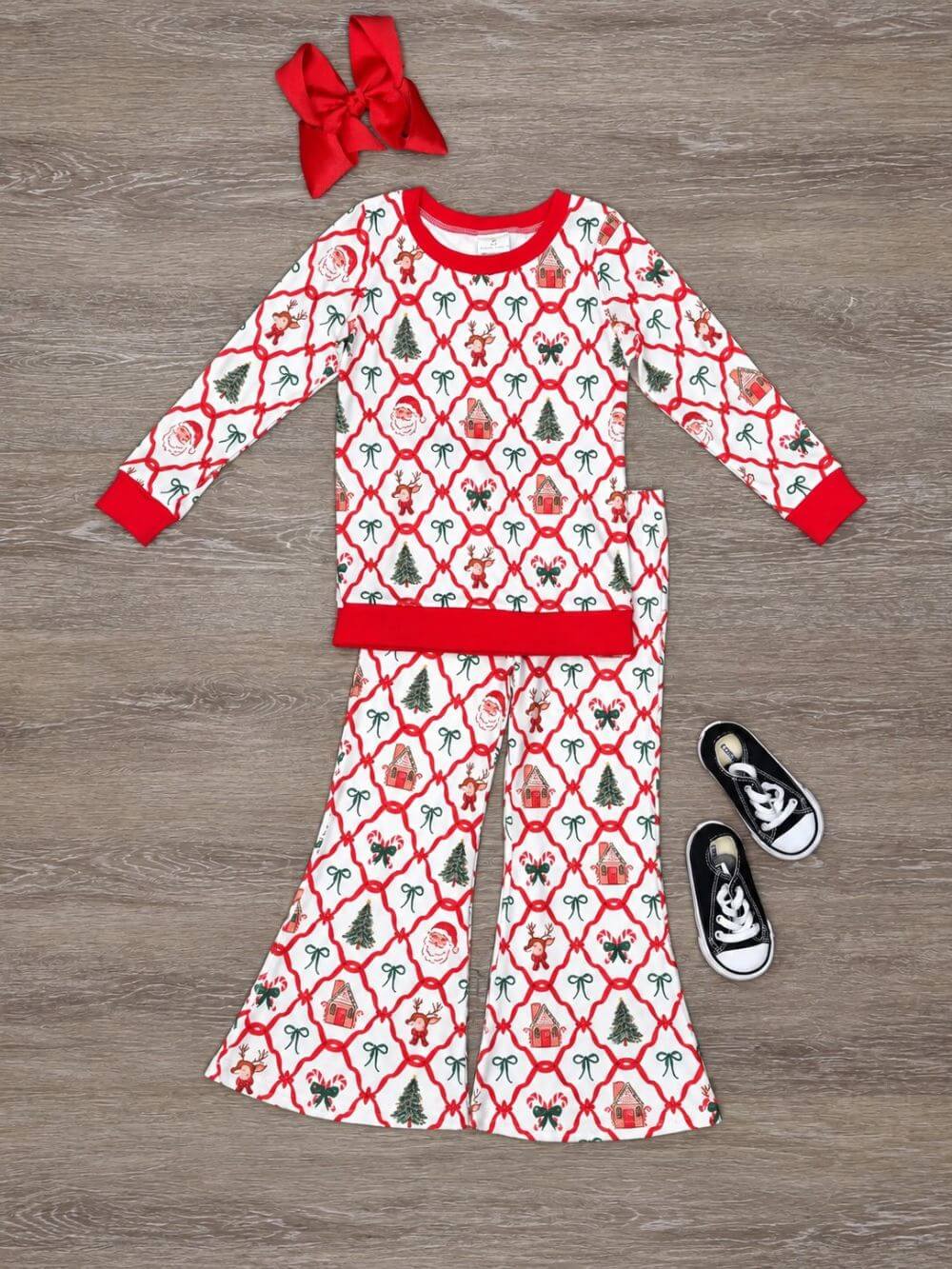Merry Christmas Girls Flare Pants Matching Set