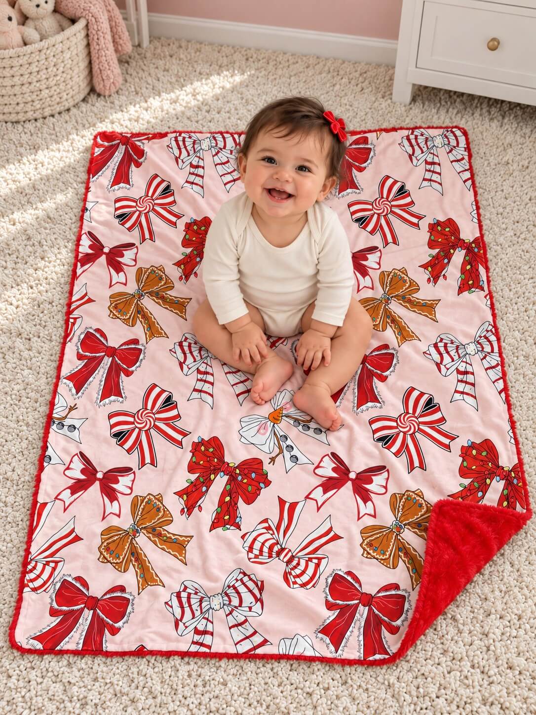 Christmas coquette bow baby blanket with red fleece backing spread on the floor beneath a baby, viewed from above