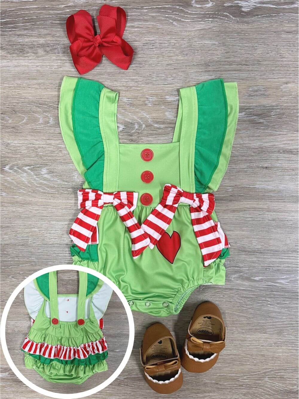 Merry Mischief Green & Red Heart & Boy Baby Bubble Romper - Sydney So Sweet