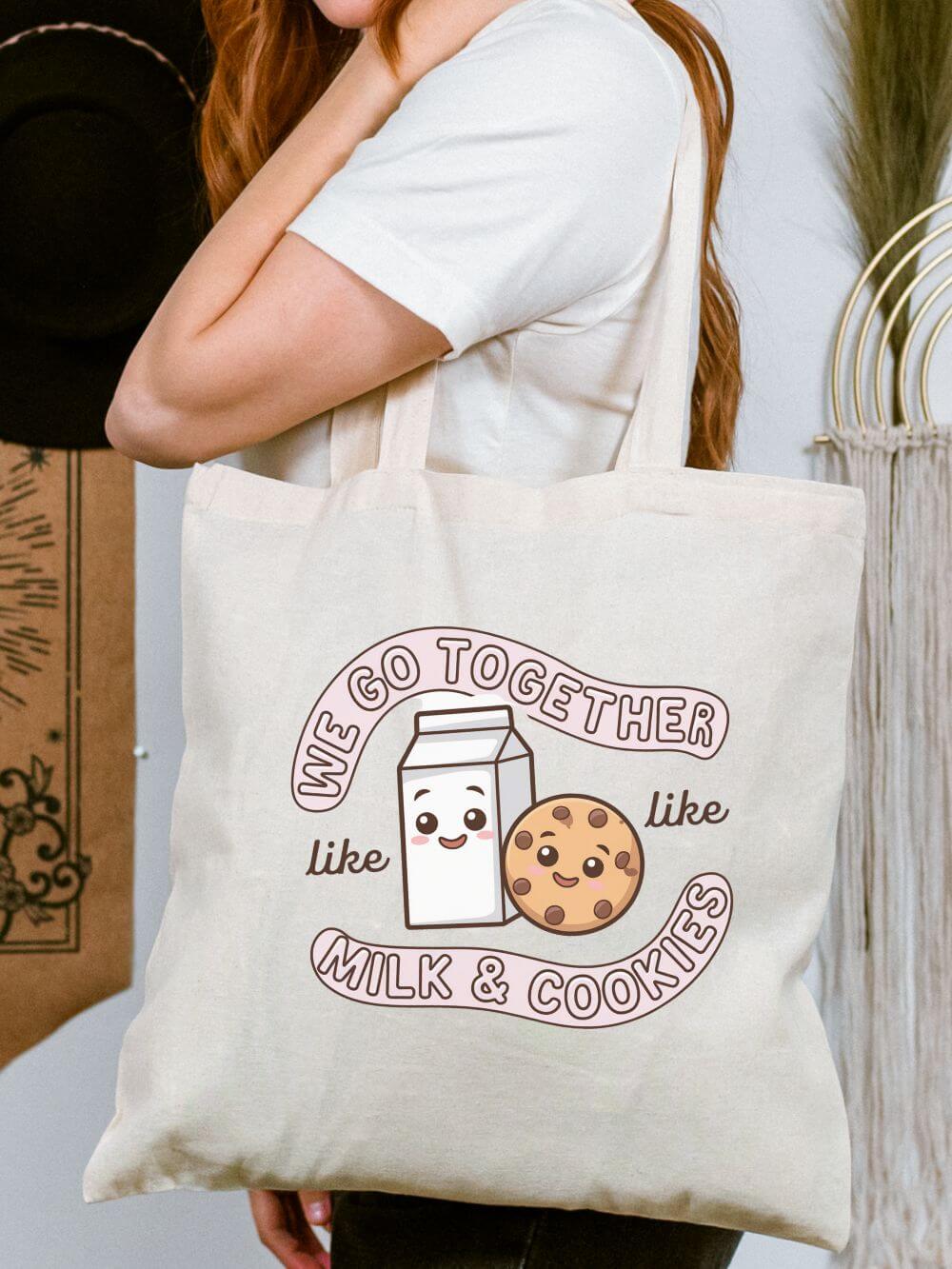 We Go Together Like Milk & Cookies Cute Kawaii Cotton Canvas Tote Bag