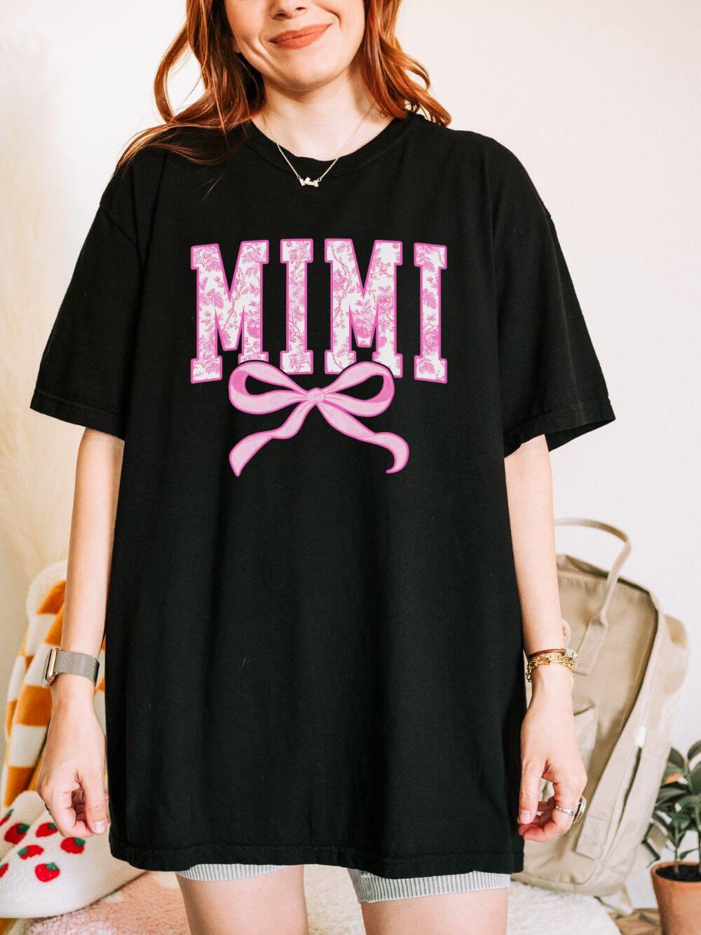 Mimi Coquette Pink Toile Bow T-Shirt Cute Grandmother Graphic Tee