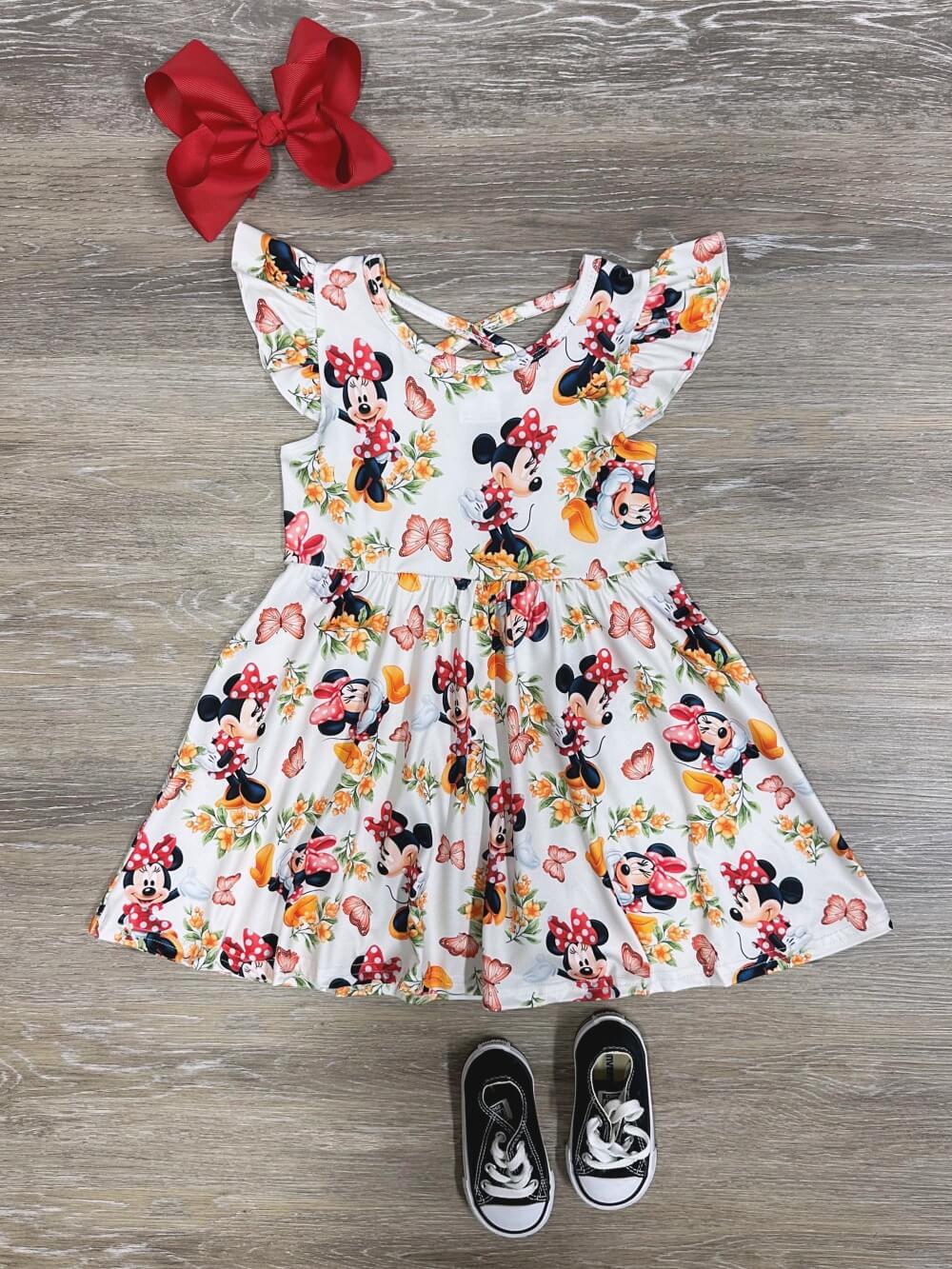 Mouse Bright Florals Girls Flutter Short Sleeve Dress - Sydney So Sweet