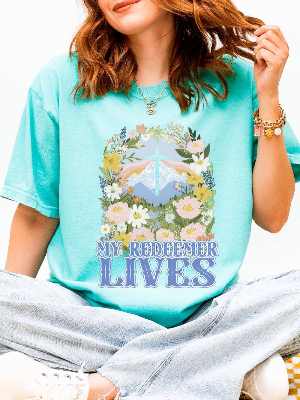 My Redeemer Lives Unisex Easter T-Shirt Floral Cross Christian Tee