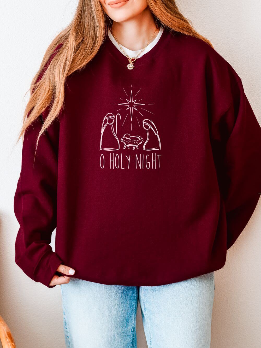 O Holy Night Nativity Heavy Blend Women's Crewneck Embroidered Christmas Sweatshirt - Sydney So Sweet