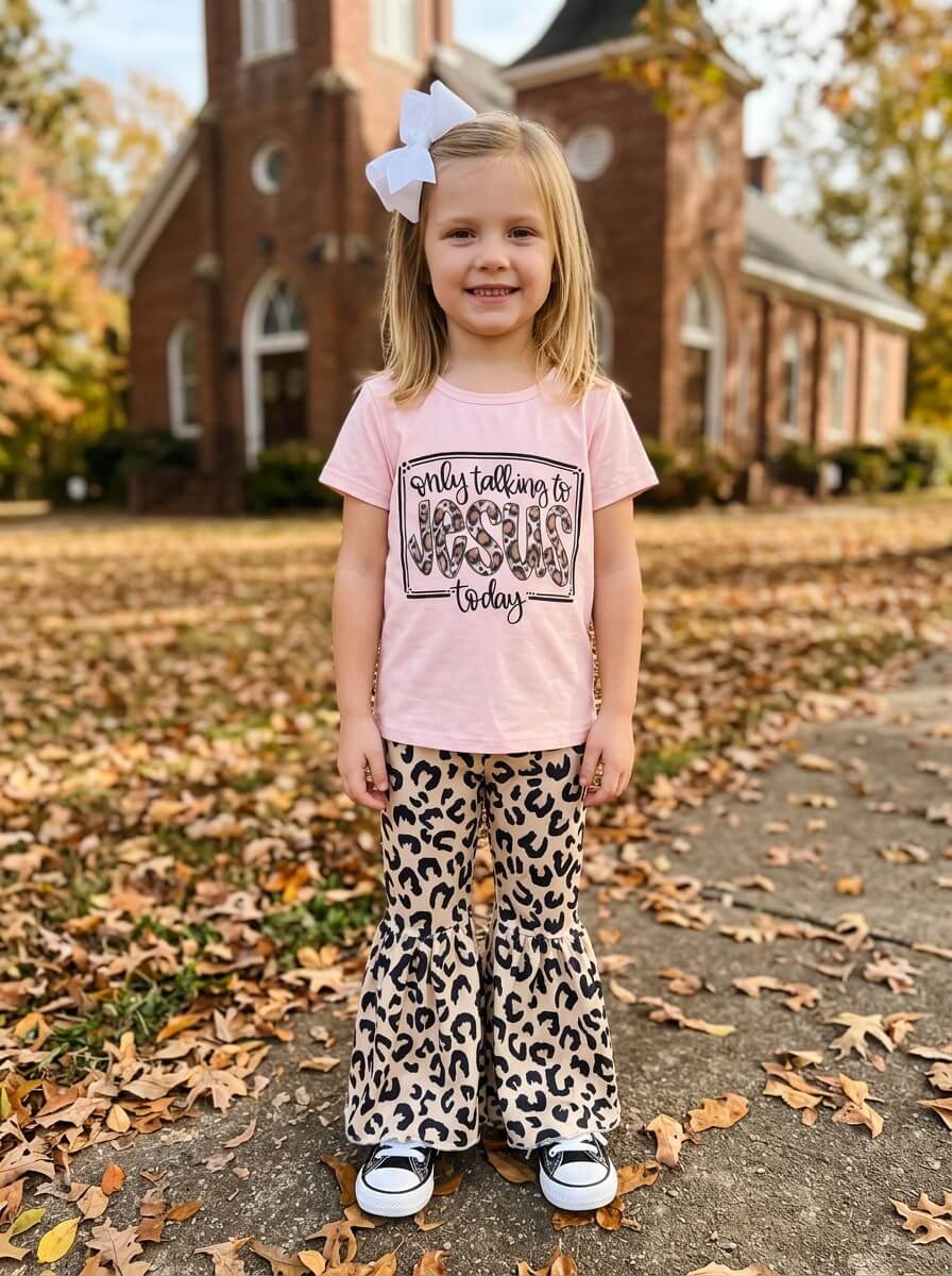 Only Talking to Jesus Today Girls Leopard Bell Bottoms Outfit