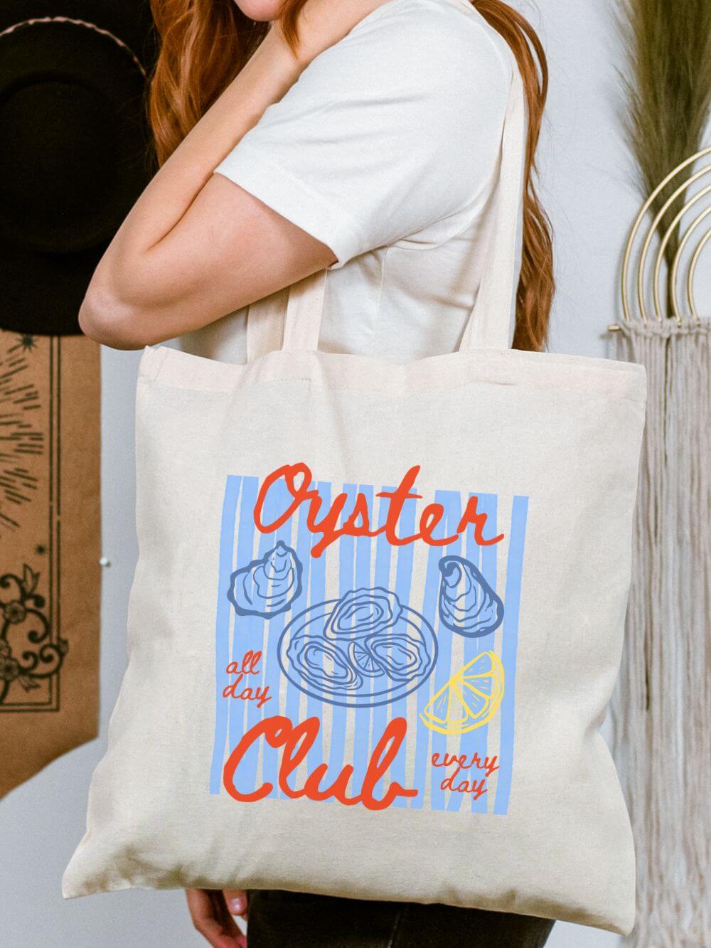 Oyster Club Cotton Canvas Tote Bag Nautical Seafood Market Shopper