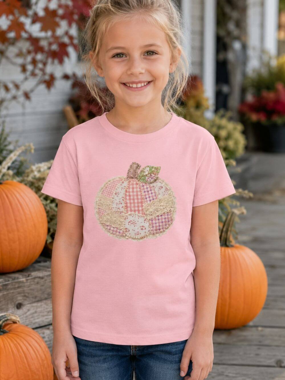 Pumpkin Patch Patchwork Tee Pink Floral Autumn Pumpkin Kids Graphic T-Shirt